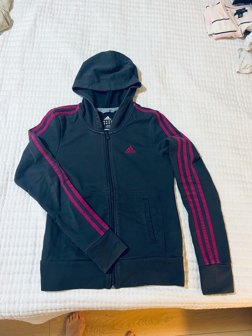 adidas Black Hoodie Jacket with Pink Stripes
